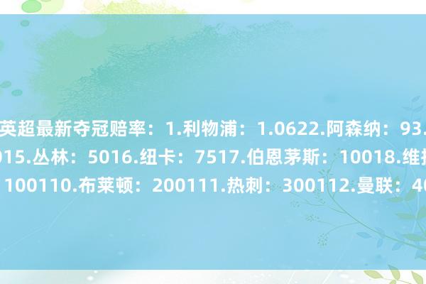 英超最新夺冠赔率：1.利物浦：1.0622.阿森纳：93.曼城：814.切尔西：4015.丛林：5016.纽卡：7517.伯恩茅斯：10018.维拉：10019.富勒姆：100110.布莱顿：200111.热刺：300112.曼联：400113.布伦特福德：450114.西汉姆：450115.水晶宫：450116.埃弗顿：4501体育集锦